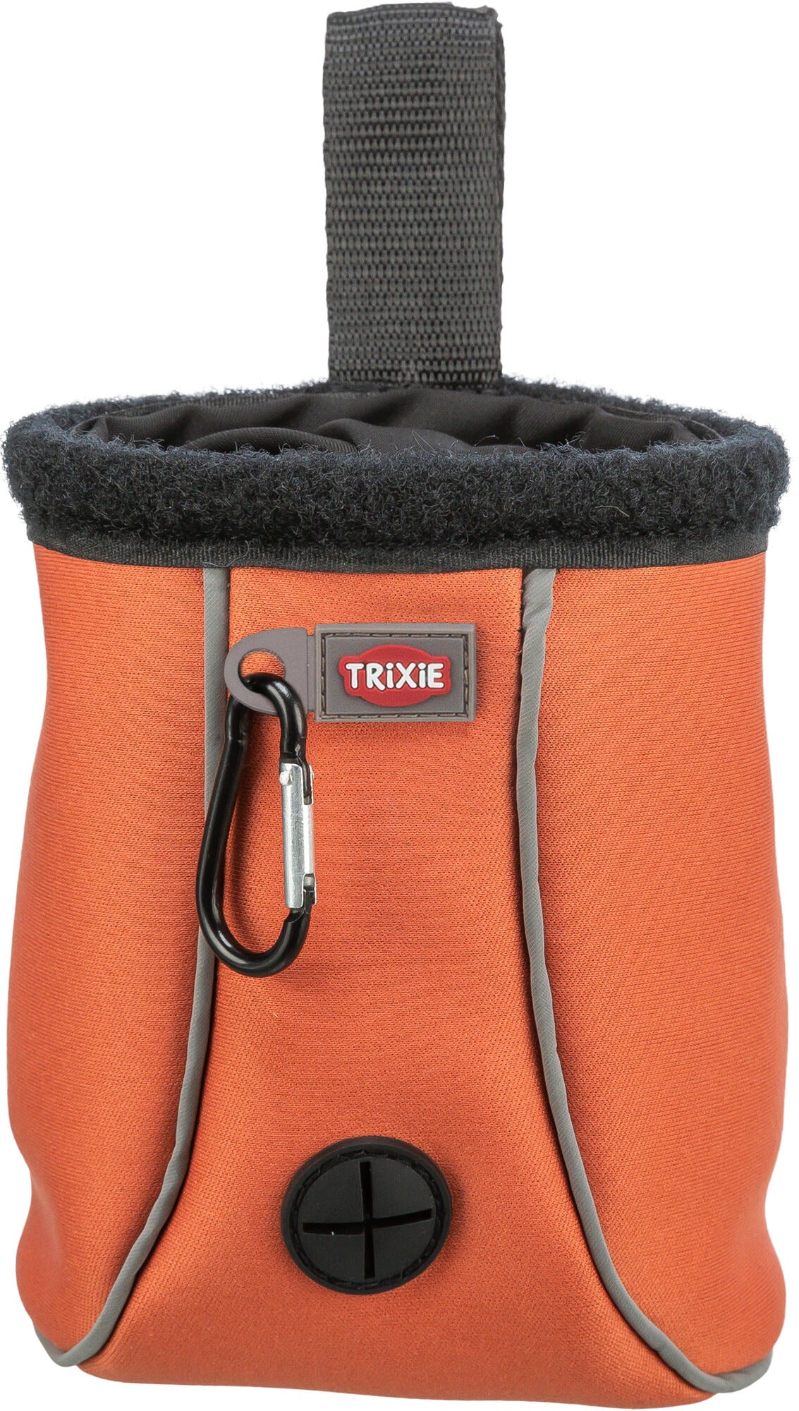 Orange dog training treat bag with black interior and carabiner, featuring the TRIXIE brand.