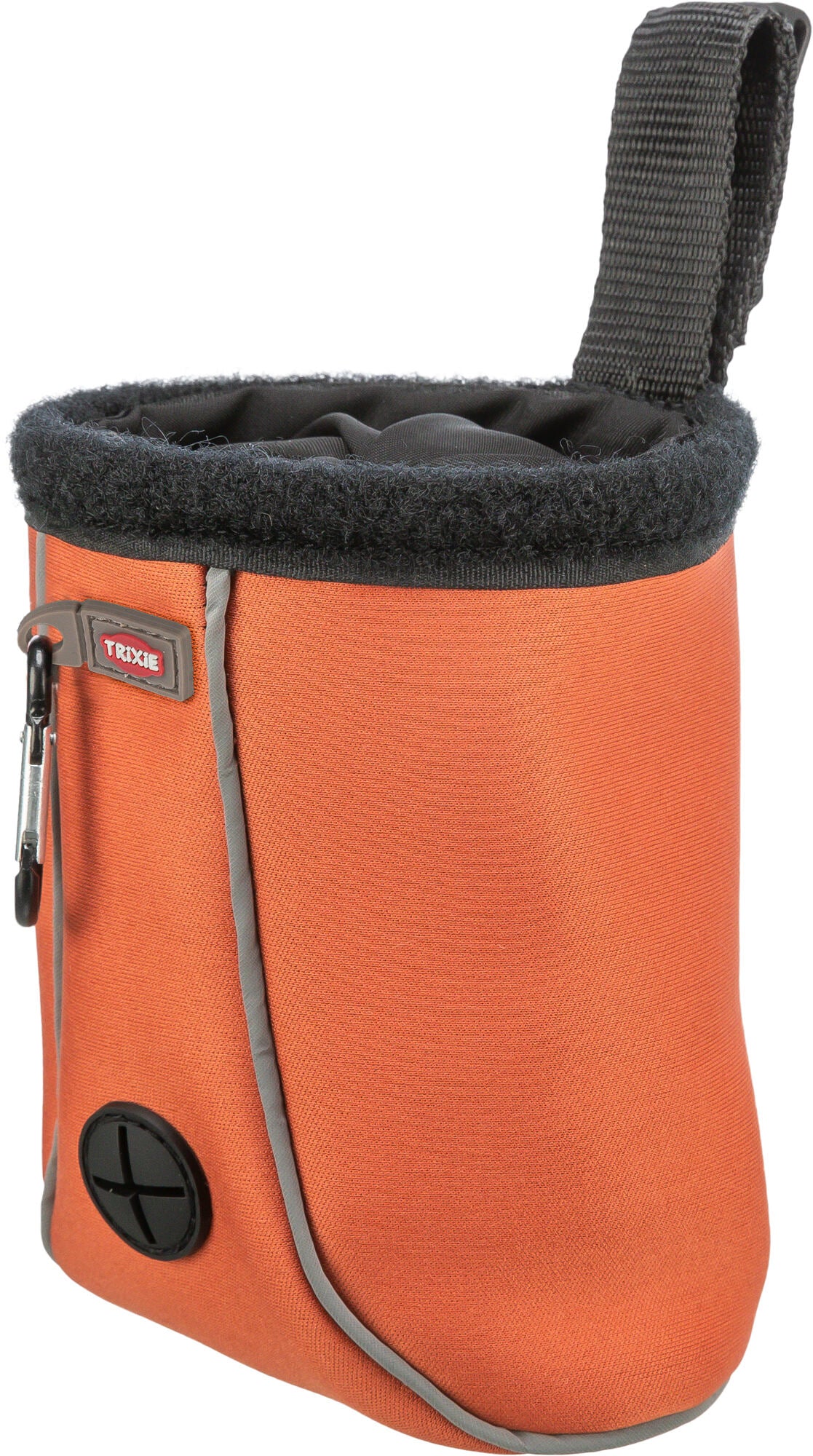 Orange dog treat bag with black interior and strap on a white background