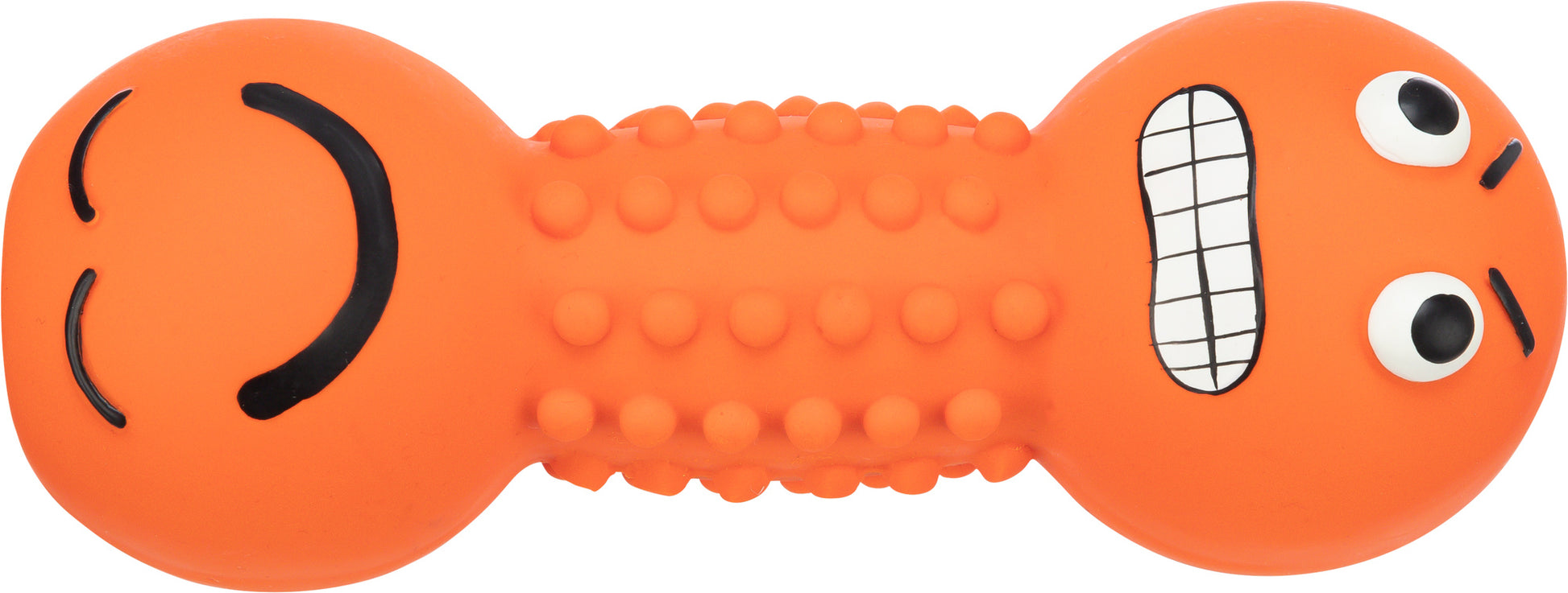 Orange dog toy with a face design on a white background