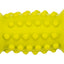 Yellow dog toy shaped like a caterpillar with a face on a white background