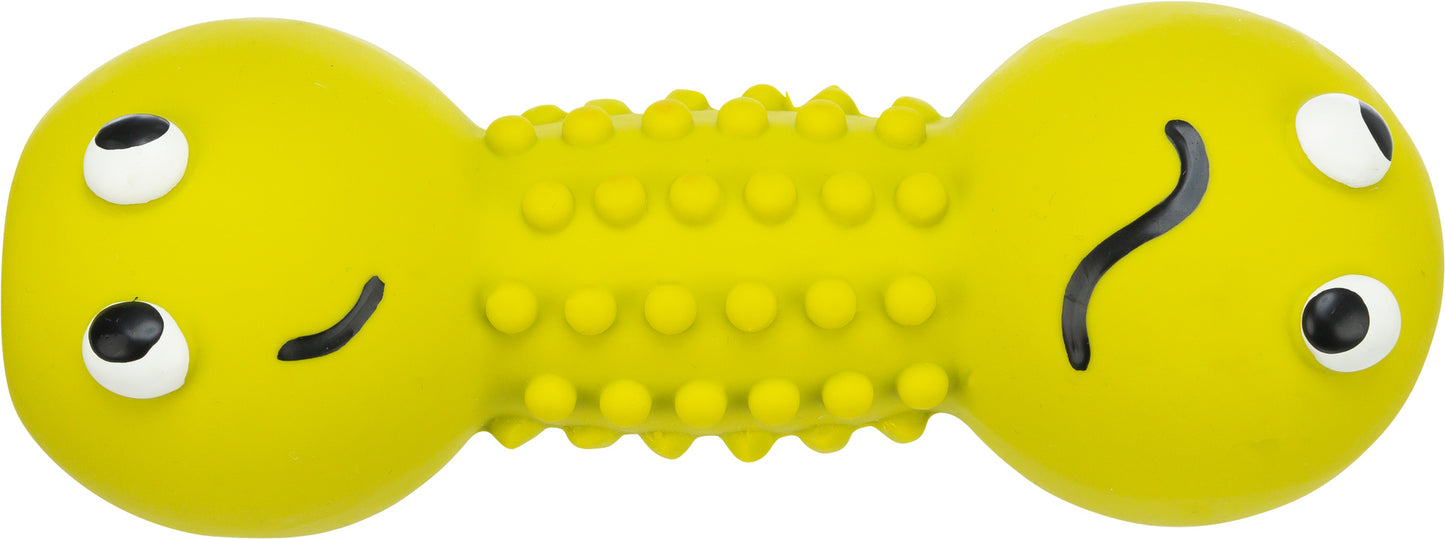 Yellow dog toy shaped like a caterpillar with a face on a white background