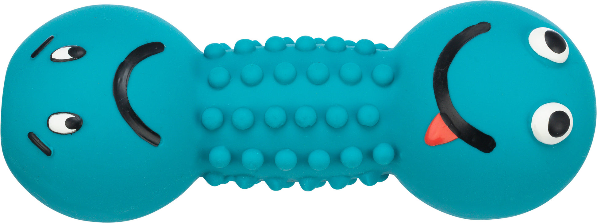 Blue dog toy with a smiling face on a white background