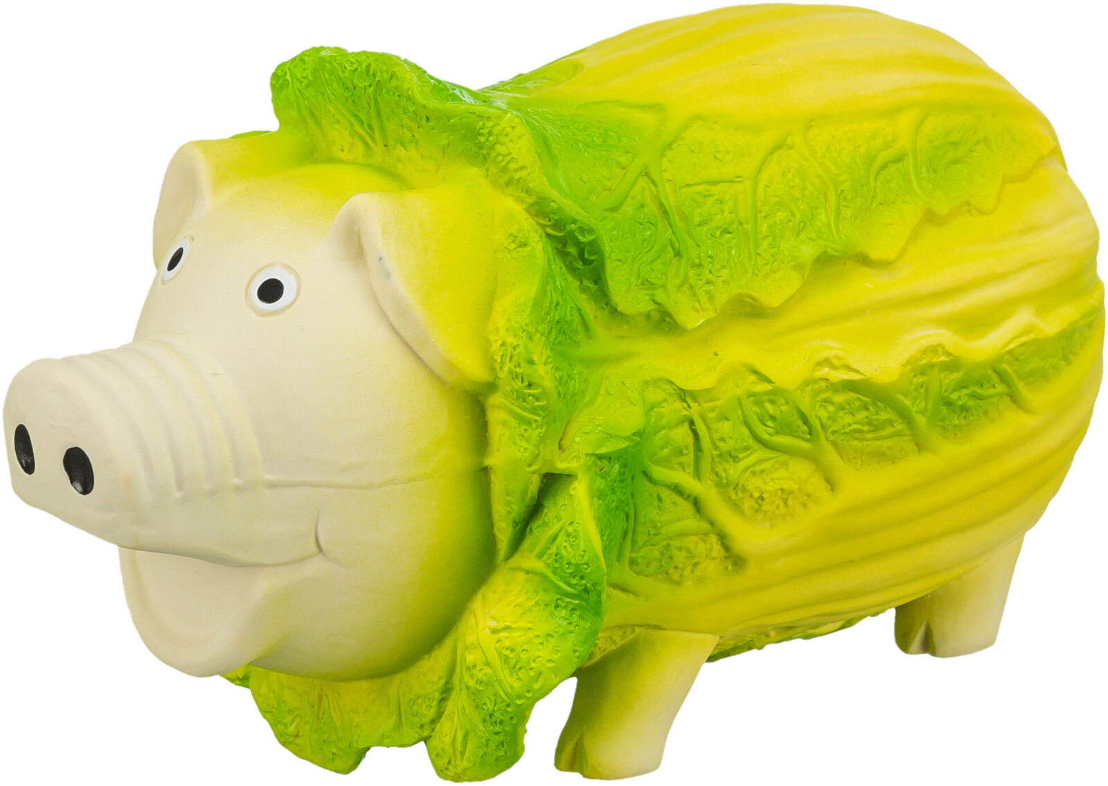 Pig-shaped dog toy with a green leafy vegetable on a white background