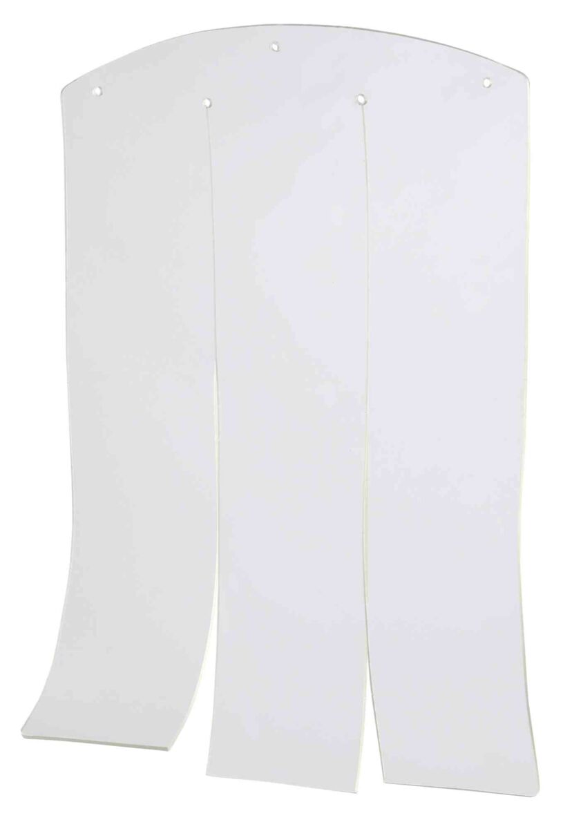 Clear plastic flap with three slits and nail holes for a wooden dog kennel. 