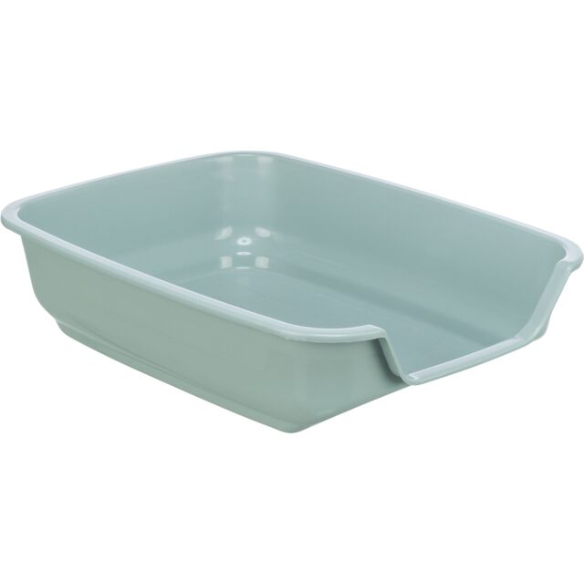 A small plastic cat litter tray in a solid color, likely gray, with a dipped entrance for easy access.