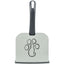 Cat litter scoop with a holder with a grey handle and paw print design on a white background