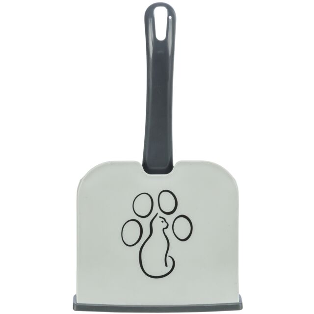 Cat litter scoop with a holder with a grey handle and paw print design on a white background