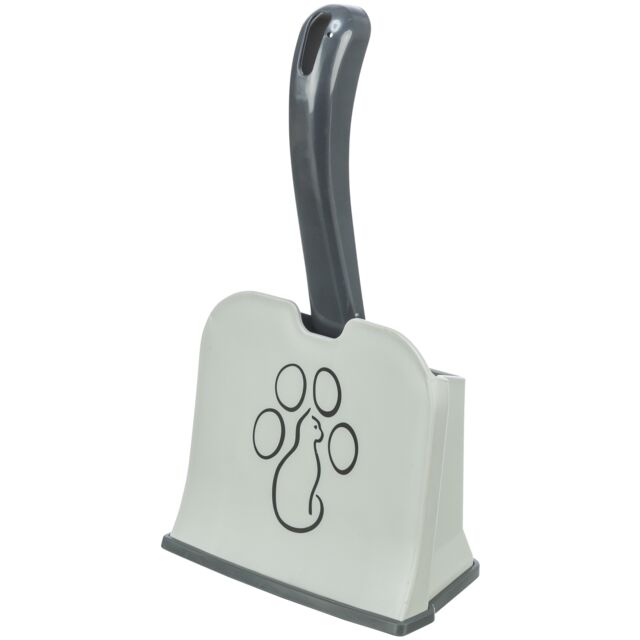 Cat litter scoop in a holder, with a paw print design on a white background