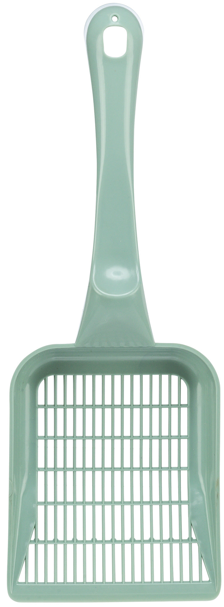 Green plastic scoop with a handle on a white background