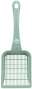 Green plastic scoop with a handle on a white background