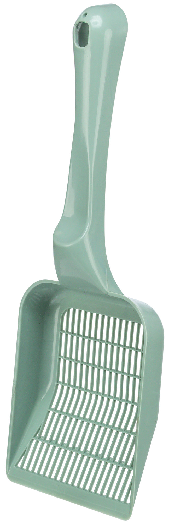Light green cat litter scoop on a white background