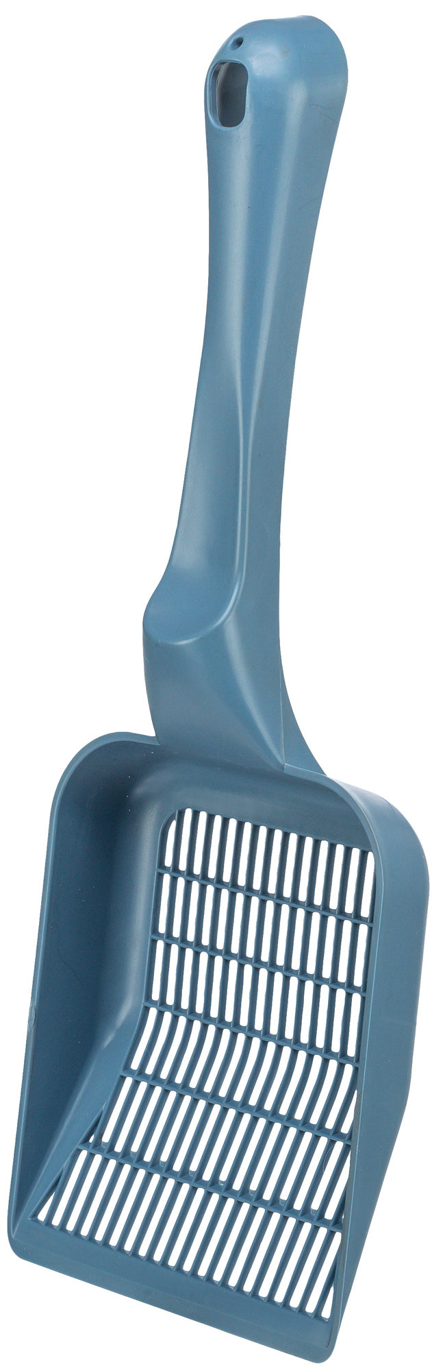 Blue plastic cat litter scoop on a white background