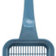 Blue plastic cat litter scoop with a grid design on a white background