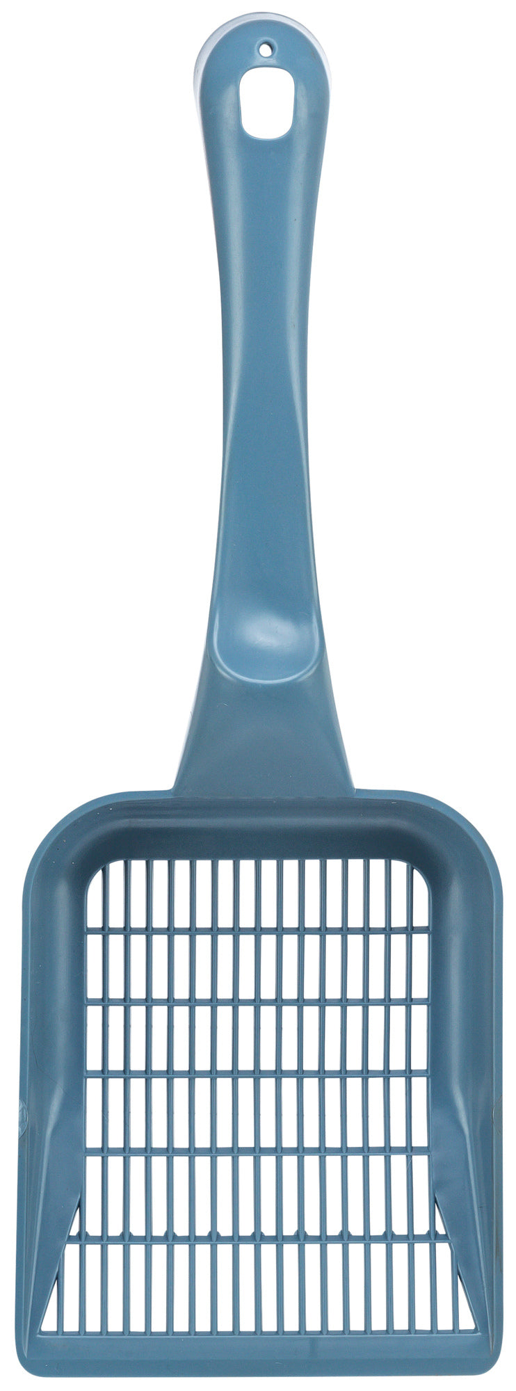 Blue plastic cat litter scoop with a grid design on a white background