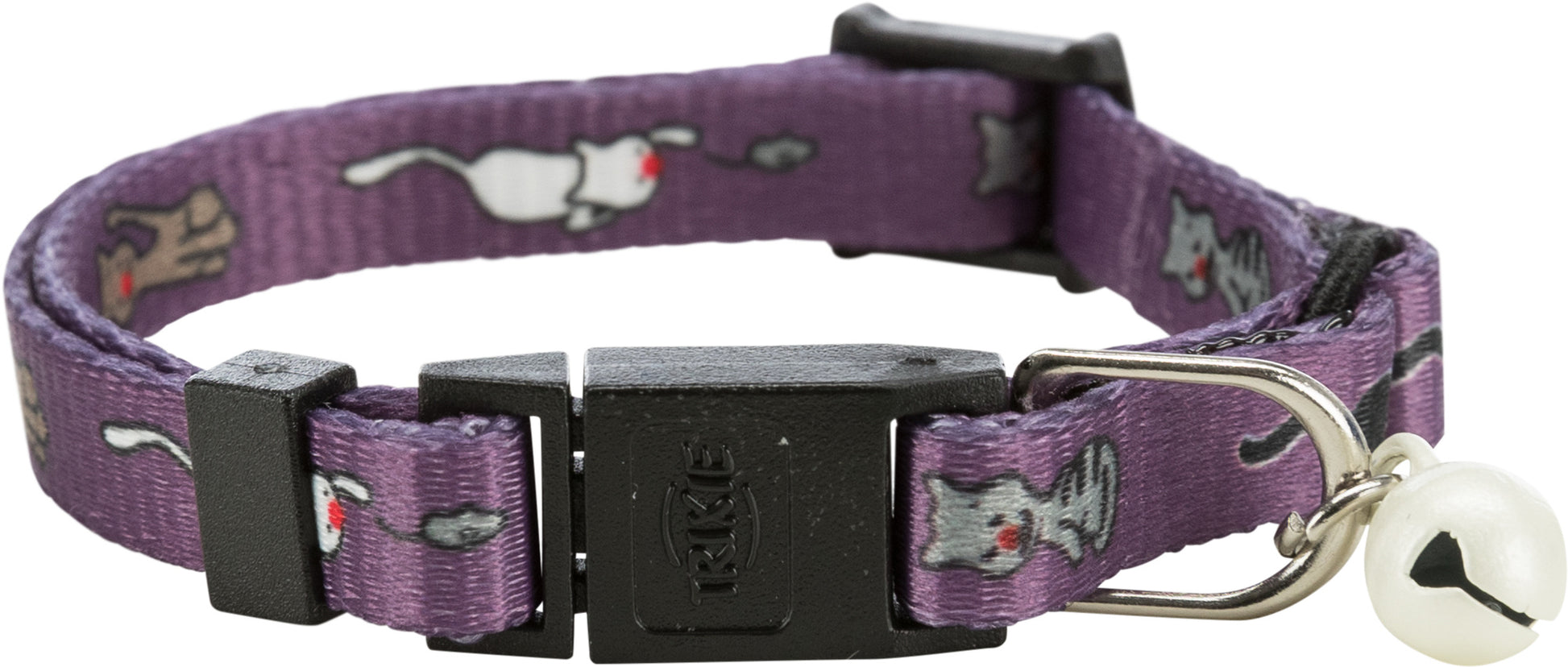 Purple cat collar with gray cat pattern and bell on a white background