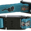 Blue cat collar with black cat illustrations and a bell on a white background