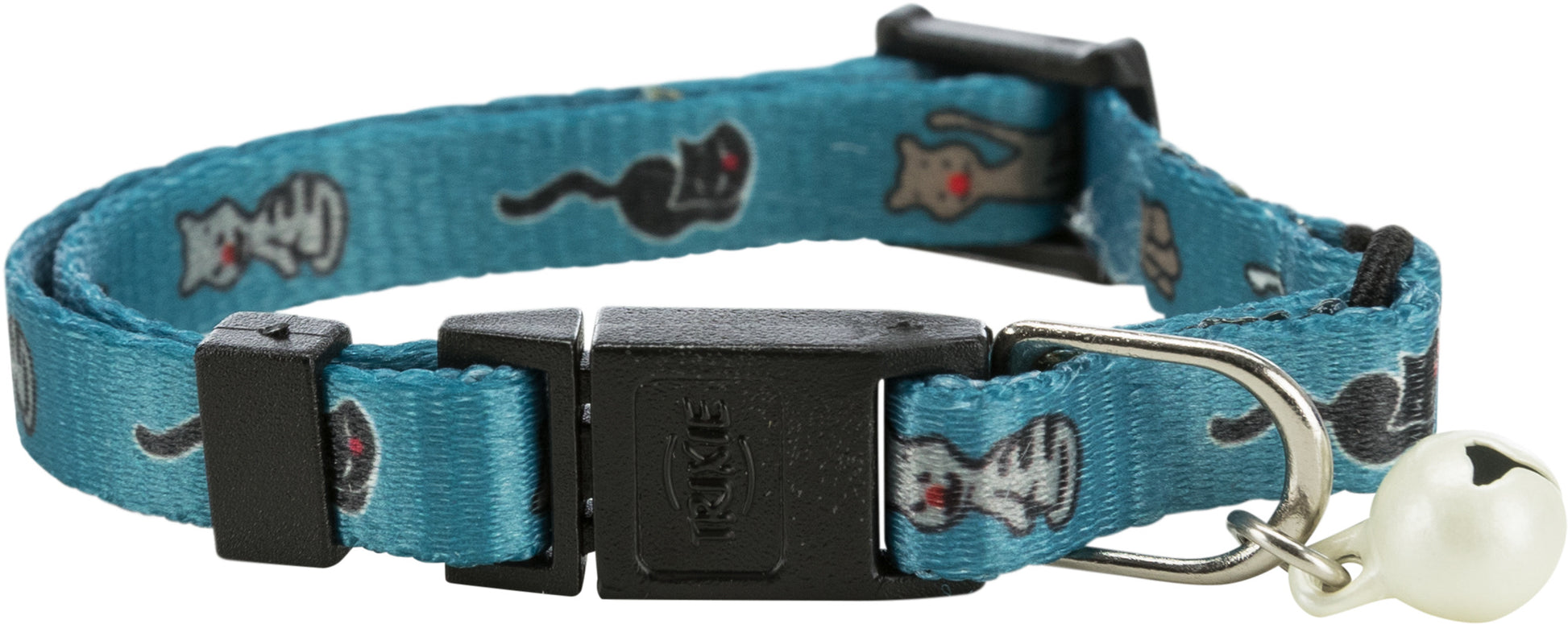 Blue cat collar with black cat illustrations and a bell on a white background