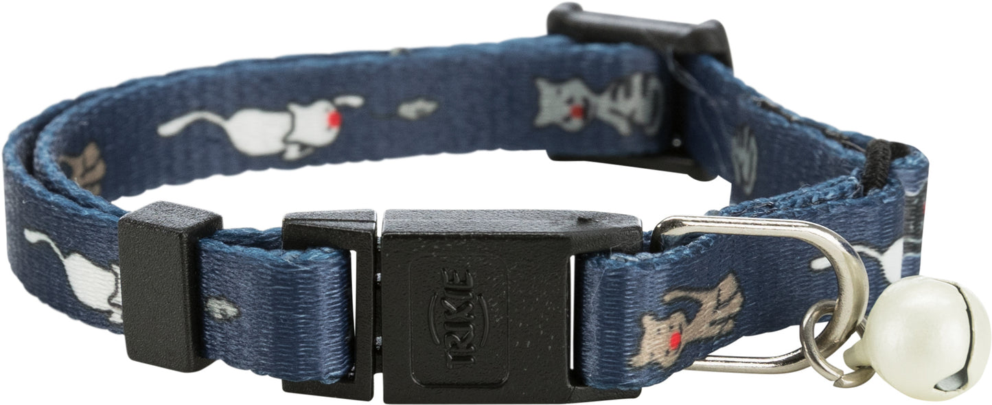 Blue cat collar with white cat pattern and bell on a white background