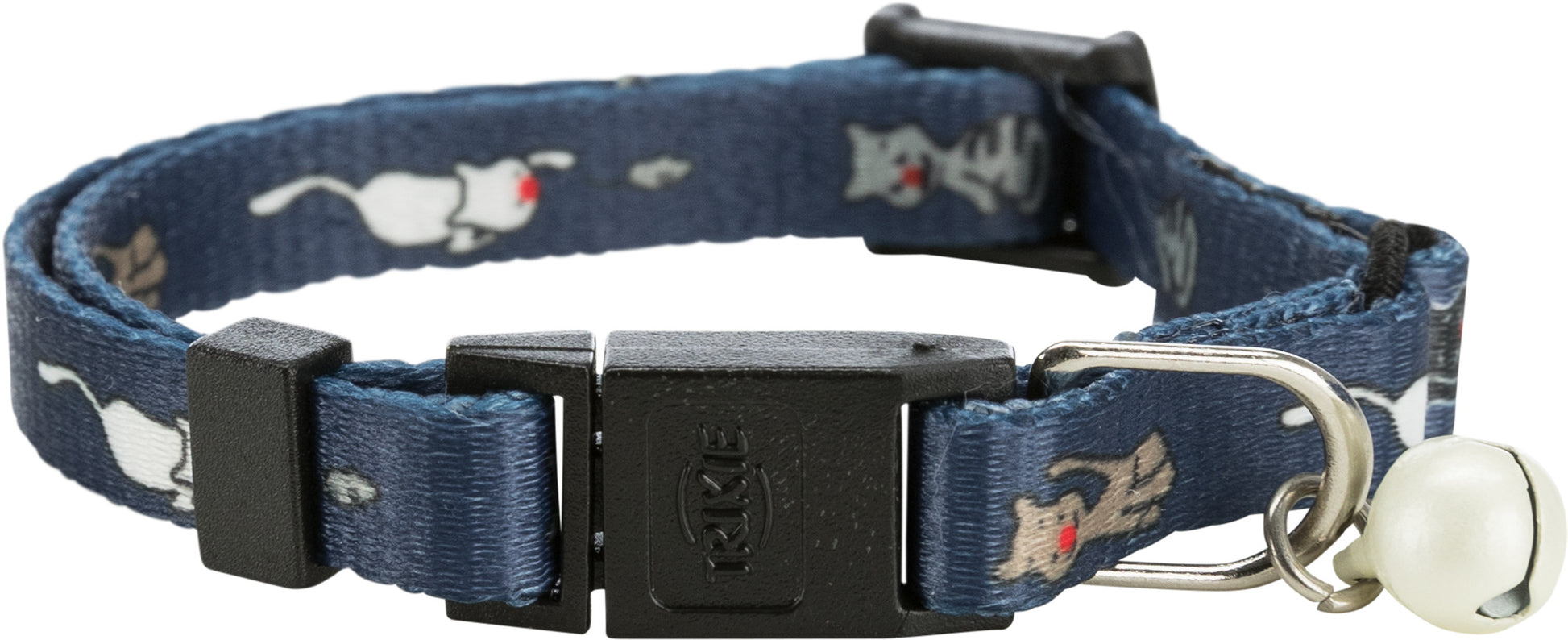 Blue cat collar with white cat pattern and bell on a white background