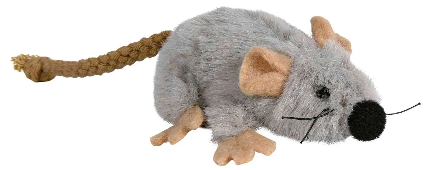 Plush catnip cat toy mouse with a rope tail on a white background