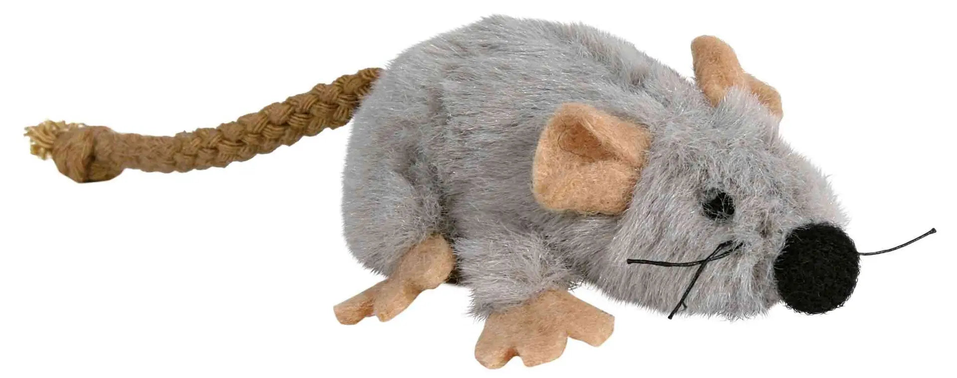 Plush catnip cat toy mouse with a rope tail on a white background
