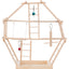 Wooden bird playpen with hanging toys on a white background