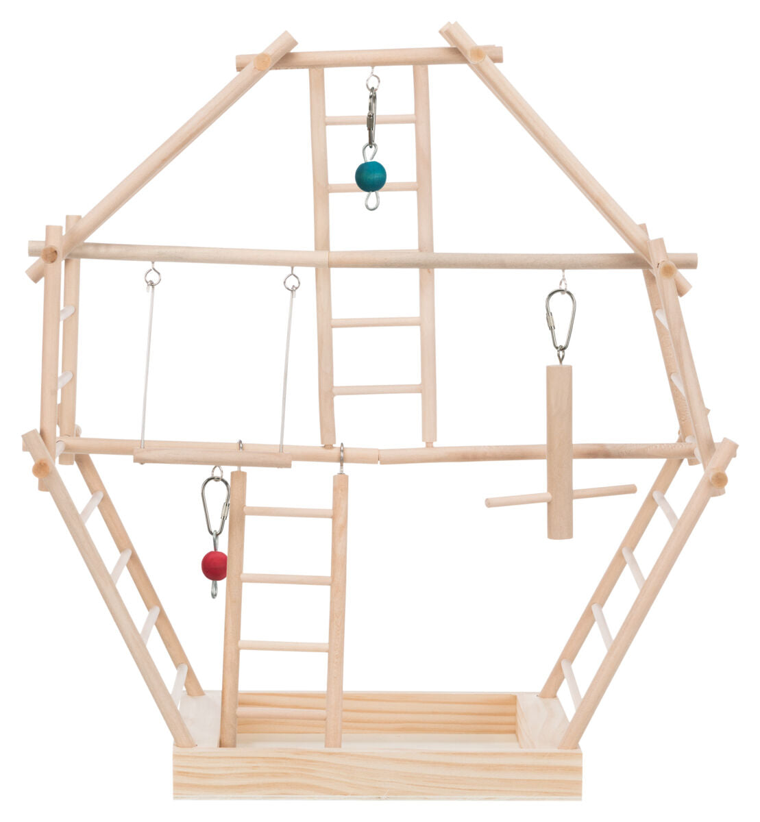 Wooden bird playpen with hanging toys on a white background