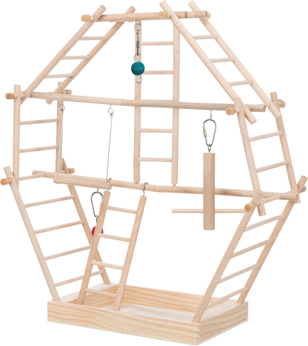 Wooden bird playpen with platforms and ladders on a white background