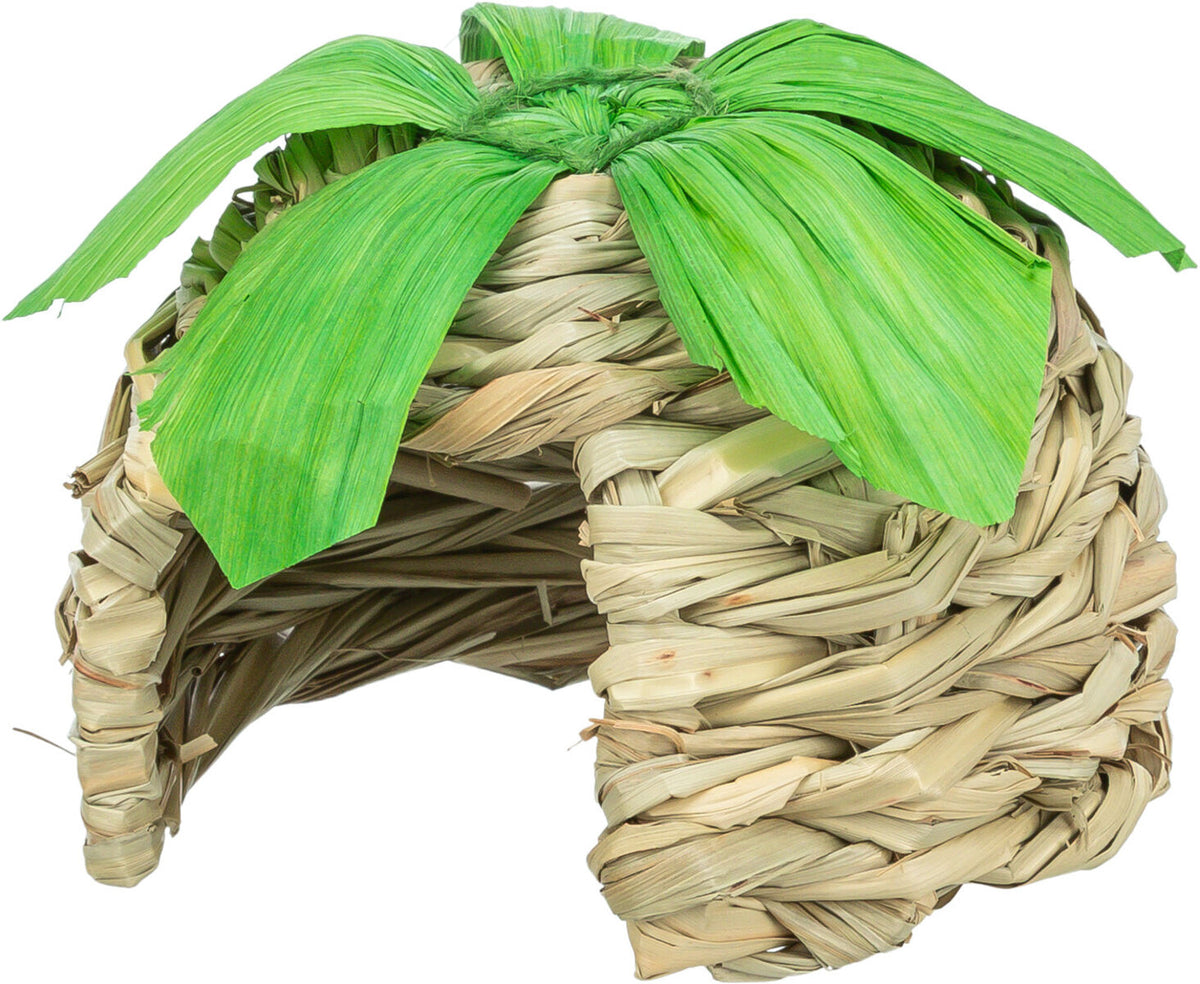 Woven animal-shaped house with green leaves on a white background