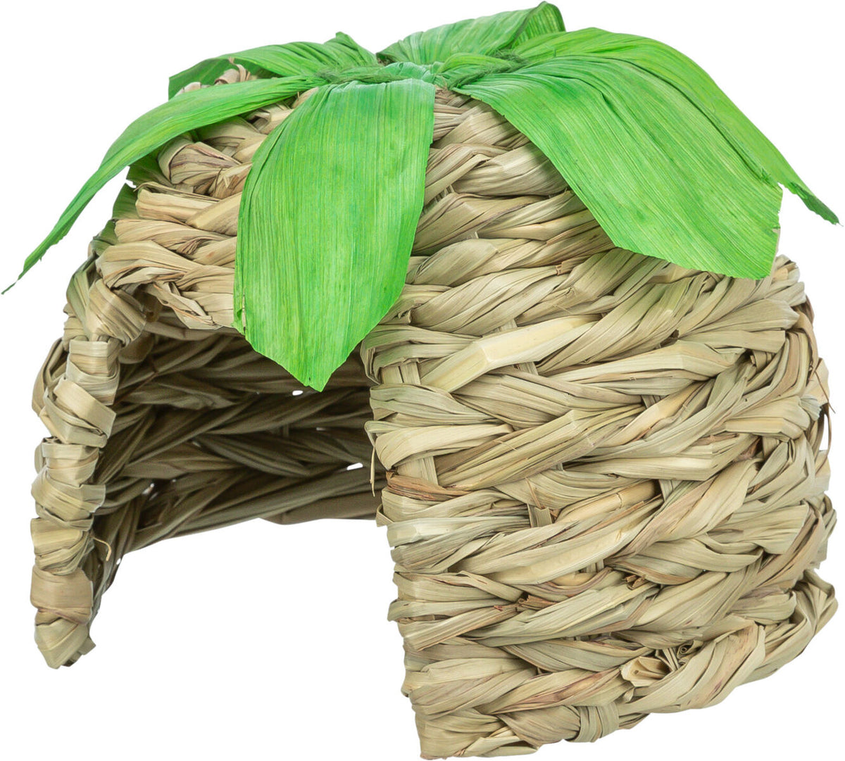 Woven house with green leaves on a white background