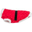 Santa dog coat with red and white fluffy material and a black belt. 