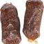 Two dried sausage shaped dog treats on a white background