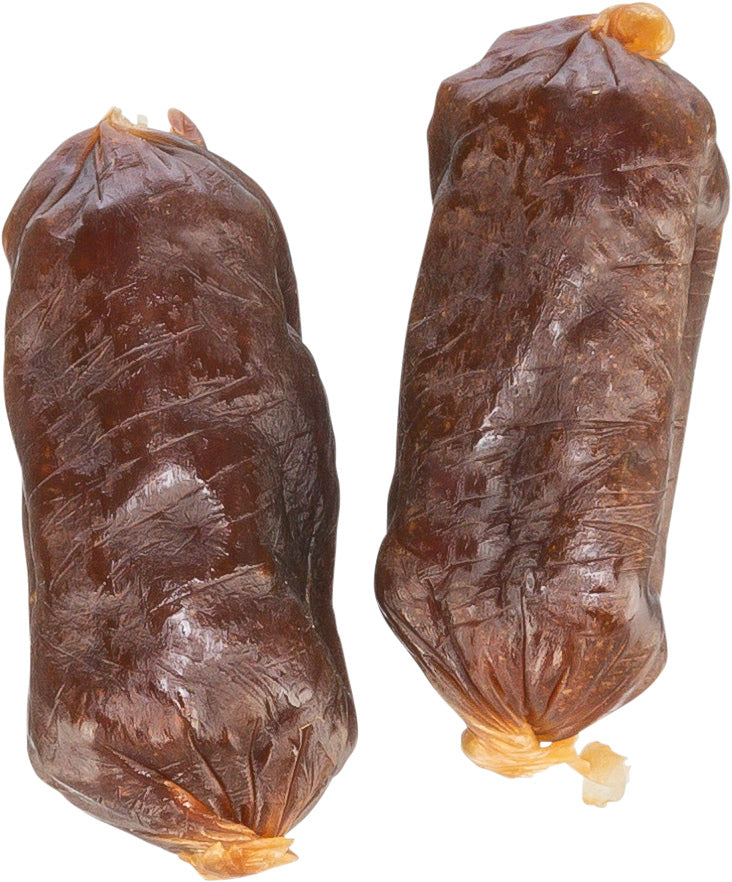 Two dried sausage shaped dog treats on a white background