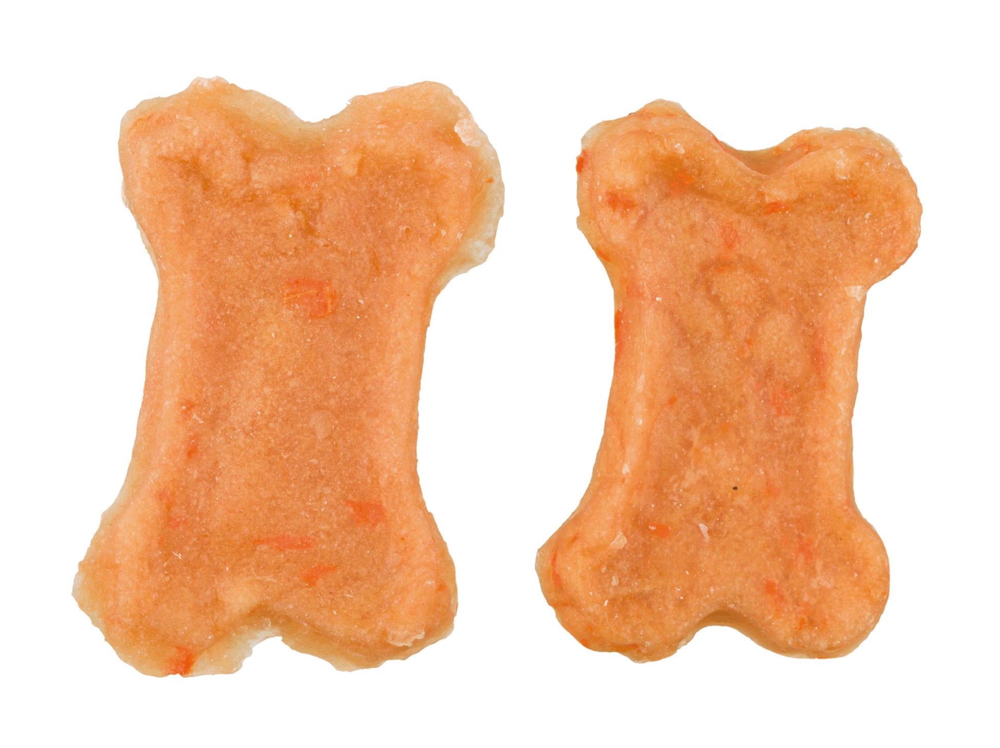 Two bone-shaped dog treats on a white background