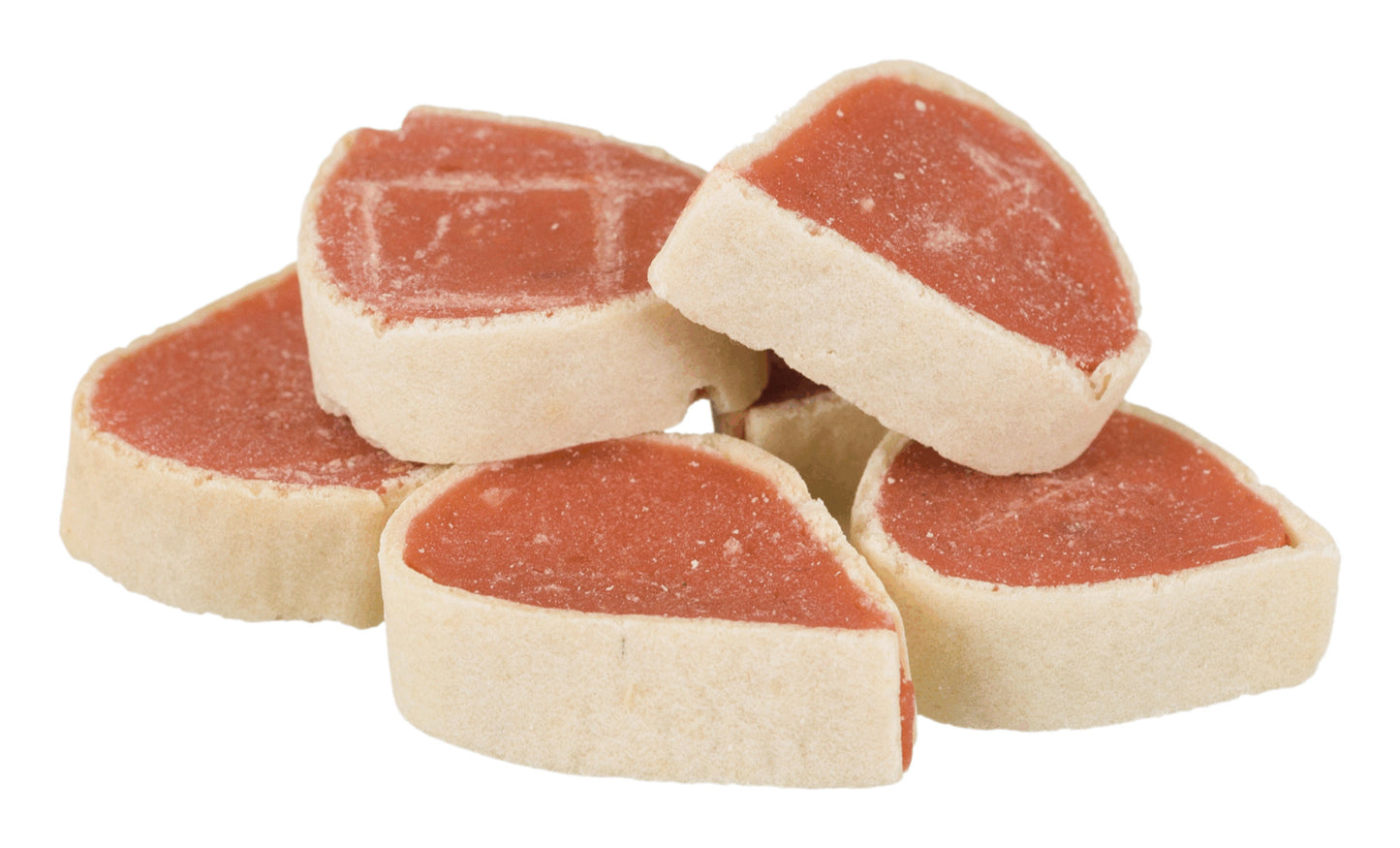 Dog treats with pink and white sections on a white background