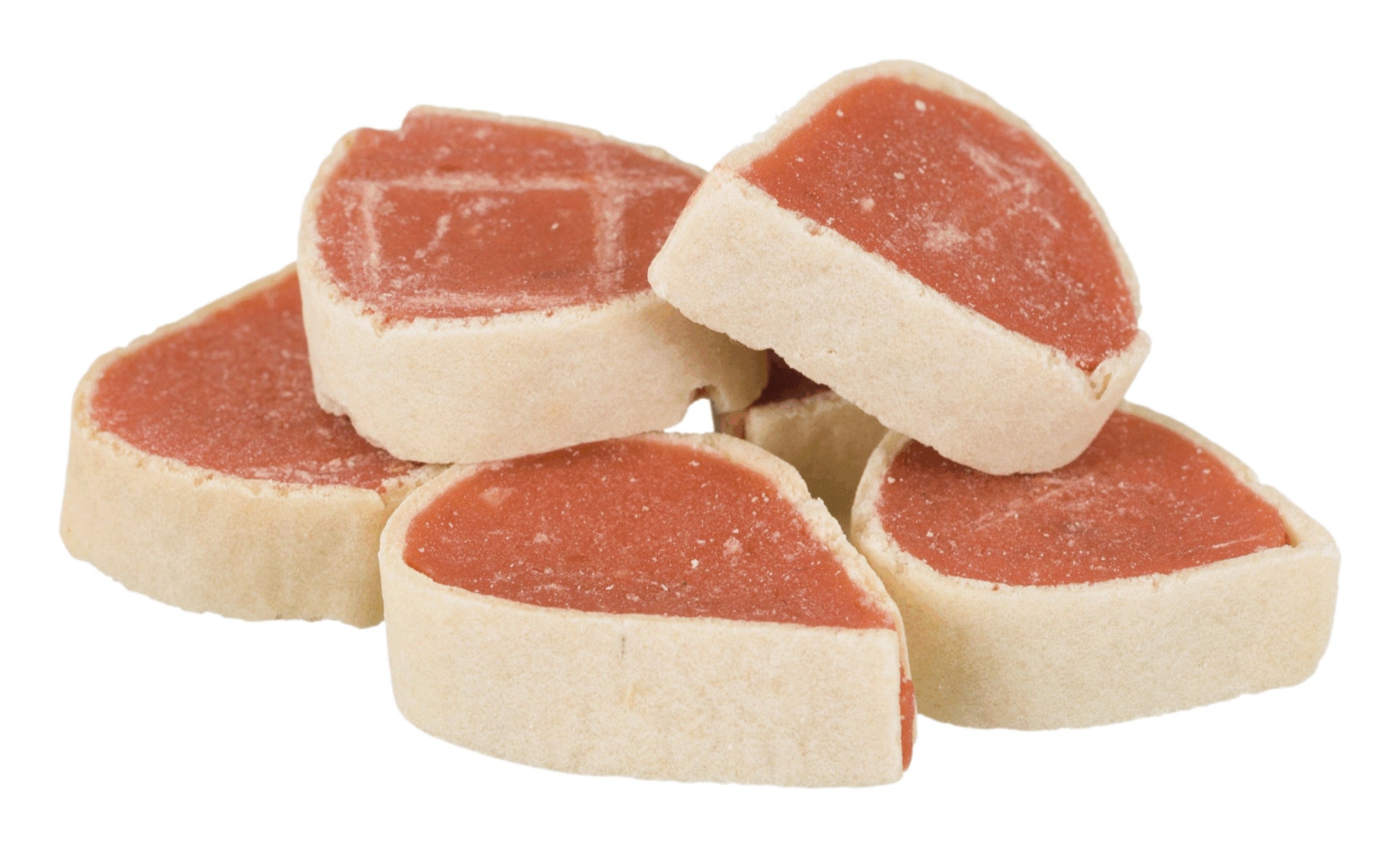 Dog treats with pink and white sections on a white background