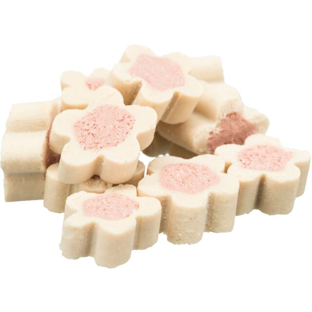 Flower-shaped cat treats with pink centers on a white background