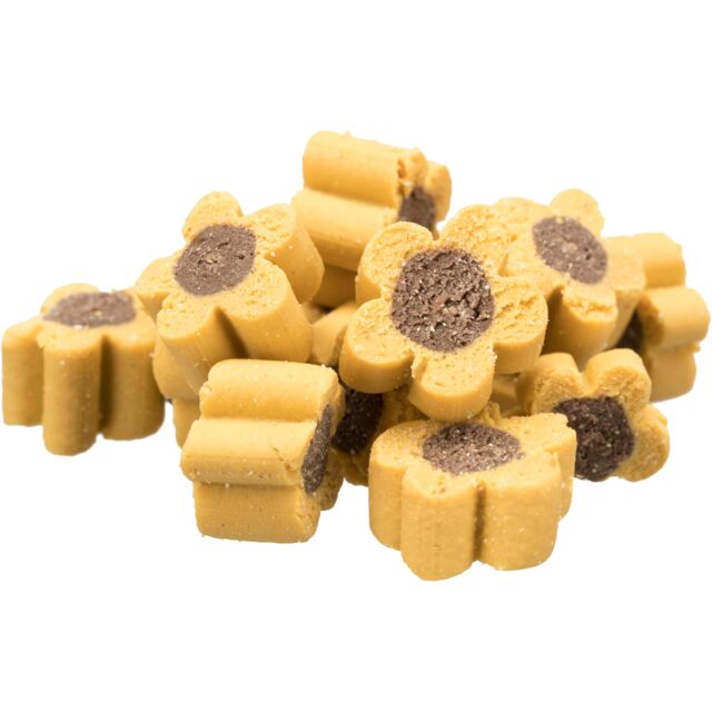 Yellow flower-shaped cat treat with brown centers on a white background