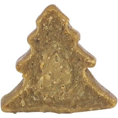 Gold-colored tree-shaped cat treat on a white background