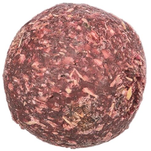 Round ball of red and brown small animal treat on a white background