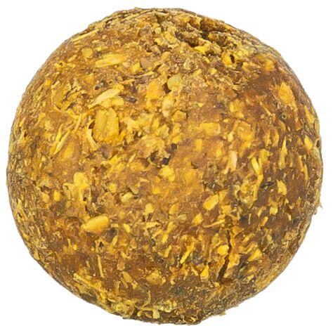 Close-up of a small animal treat with a brown and yellow color on a white background