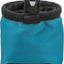 Blue dog treat bag with black zipper and interior lining on a white background