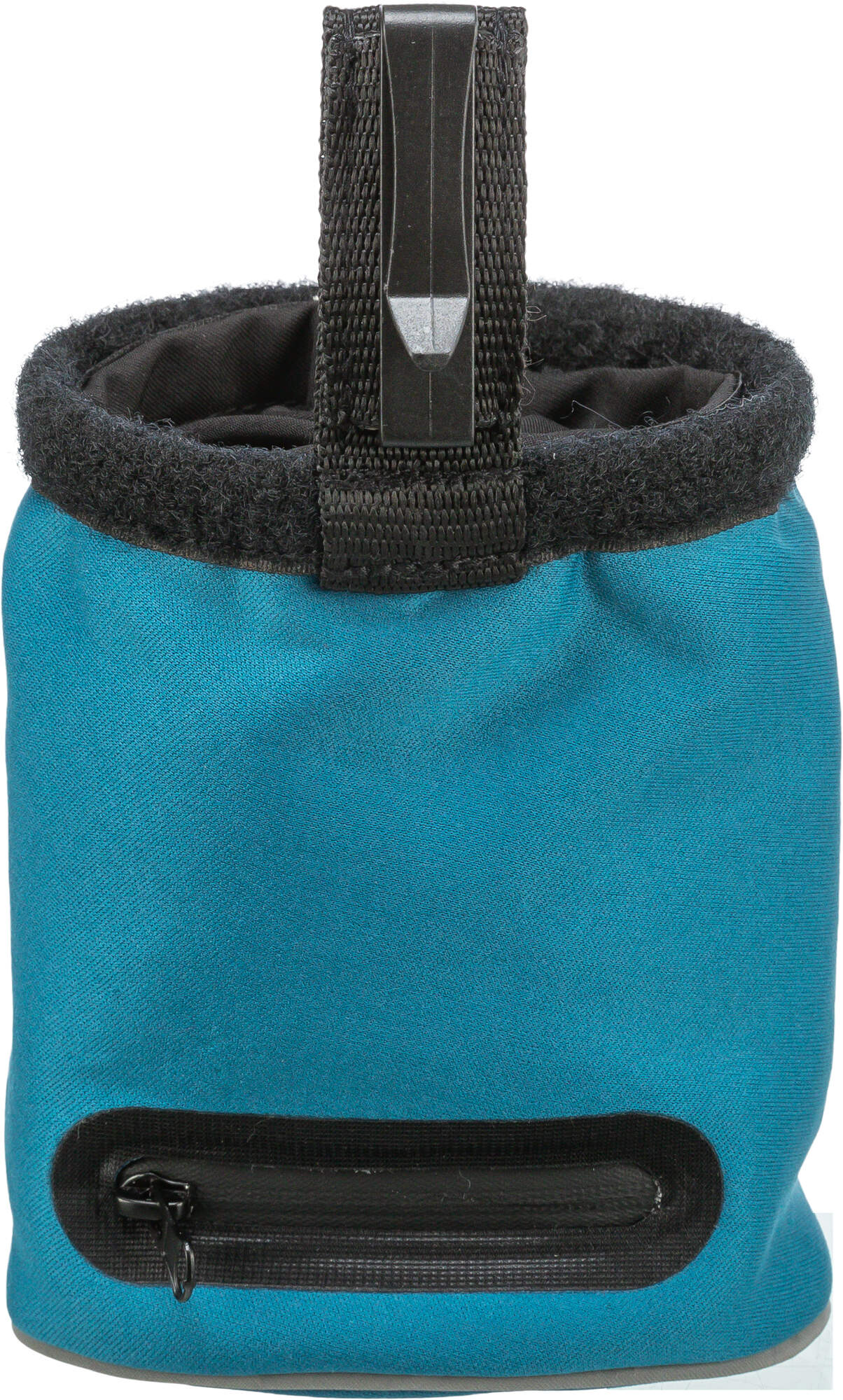 Blue dog treat bag with black zipper and interior lining on a white background