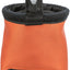 Orange dog treat bag with black interior and zipper on a white background