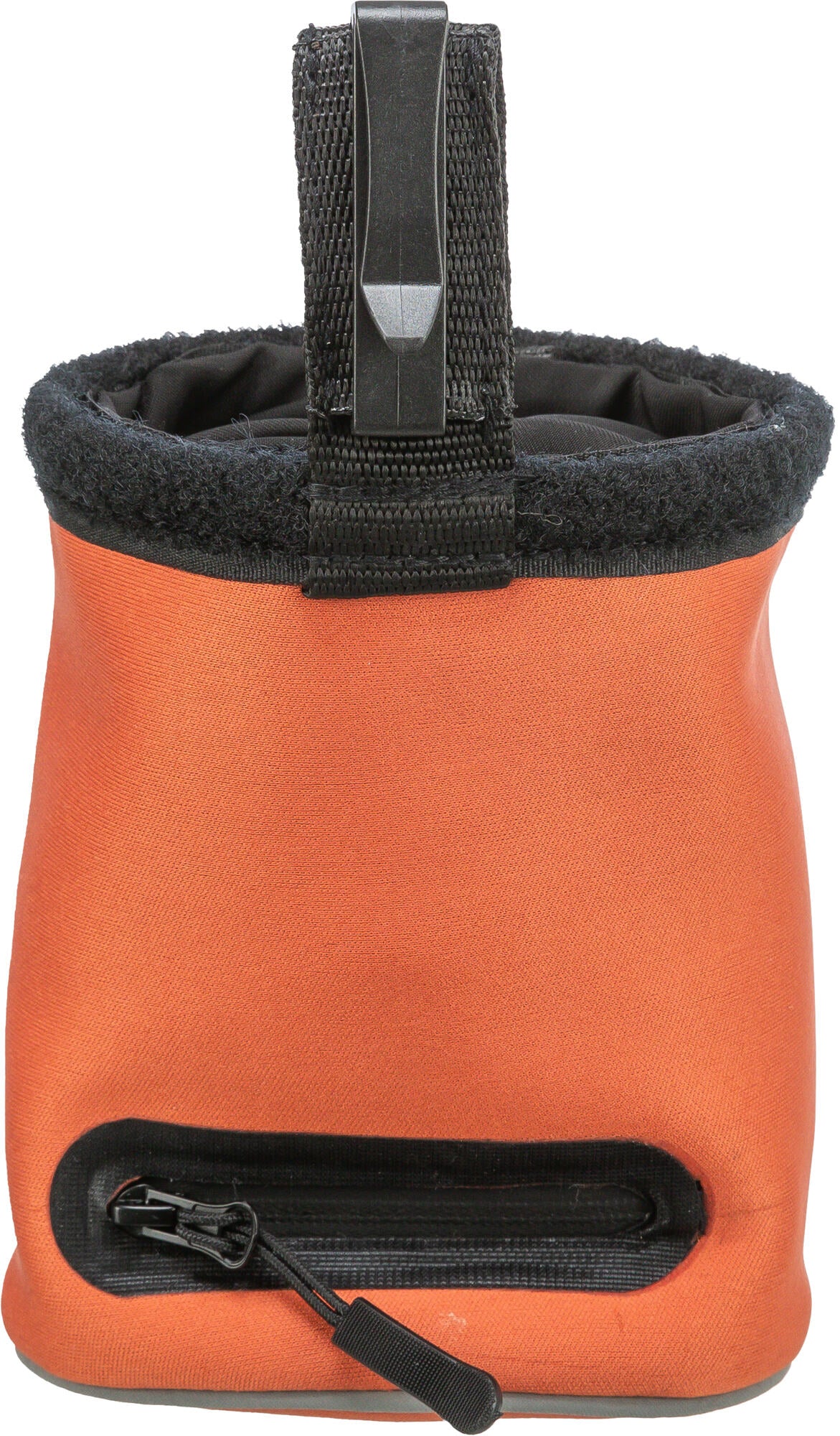 Orange dog treat bag with black interior and zipper on a white background