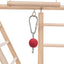 Red ball attached to a metal clip on a wooden climbing structure