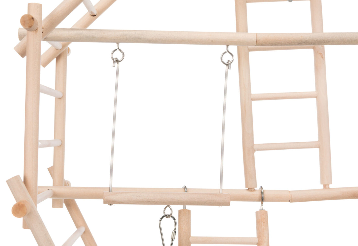 Wooden climbing frame with swings on a white background