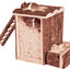 Wooden hamster tower with shavings inside to create a cosy underground bed. Glass side for observation background