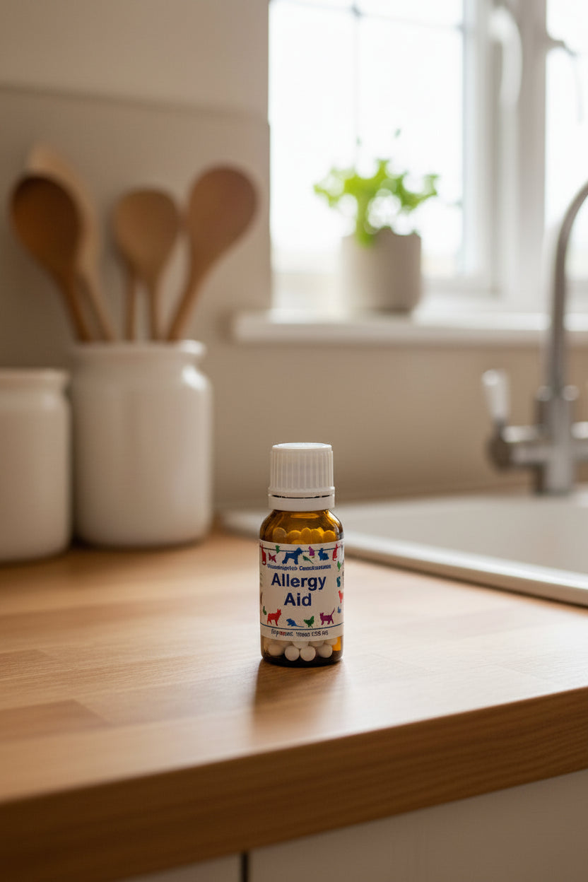 Bottle of Allergy Aid on a speckled countertop