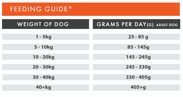 Feeding guide for dogs with weight categories and corresponding daily grams